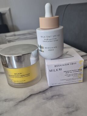 Beekman 1802 Milk Tint Serum,  Yellow Aging Cream, And SPF 43 Primer.
